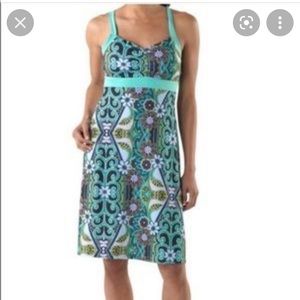PrAna Amaya dress with built-in bra.  Teal, purples, multi color;L (12-14)